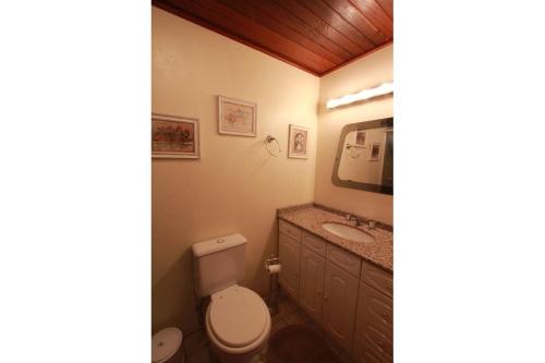 uma casa de banho com um WC, um lavatório e um espelho. em Sossego do Laje - My Home Temporada em Canela