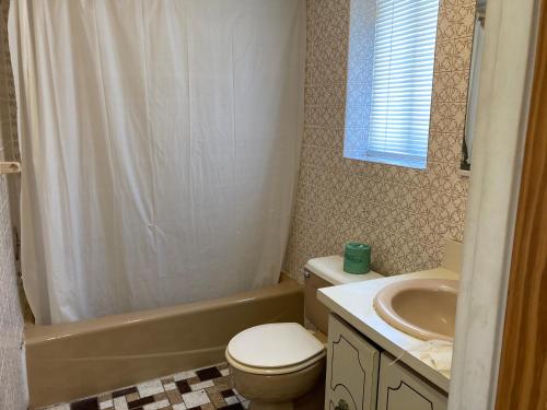 a bathroom with a toilet and a sink and a shower at Glendale Motel in Seaside Heights