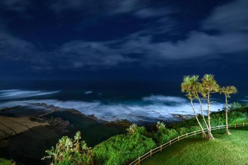 a view of the ocean and palm trees at night at Chakas Cove in Ballito