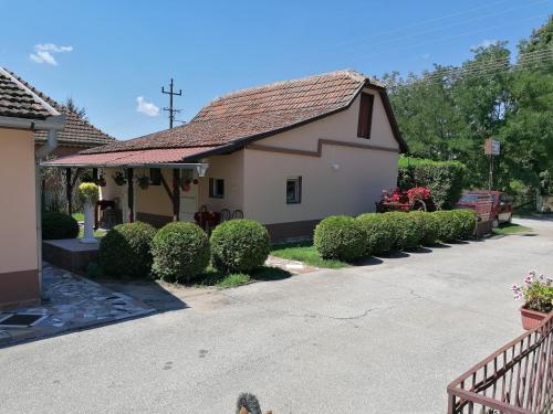 ein kleines Haus mit Hecke vor einer Einfahrt in der Unterkunft Hacijenda MALI RAJ in Palić