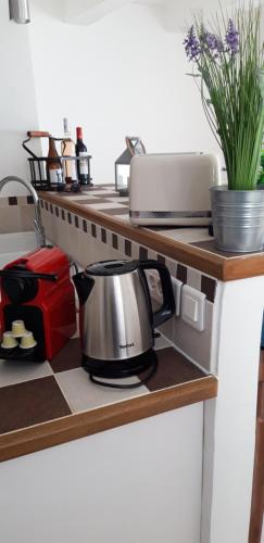 une théière sur une étagère dans une cuisine dans l'établissement ELSA., à La Ciotat