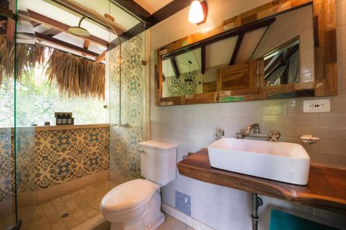 Cayena Beach Villa في Guachaca: حمام مع حوض ومرحاض ودش