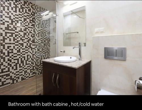 a bathroom with a sink and a shower at City Central Apartment in Yerevan