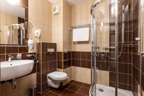 a bathroom with a toilet and a sink and a shower at Wellness Hotel pod Kyčmolem in Horní Lomná