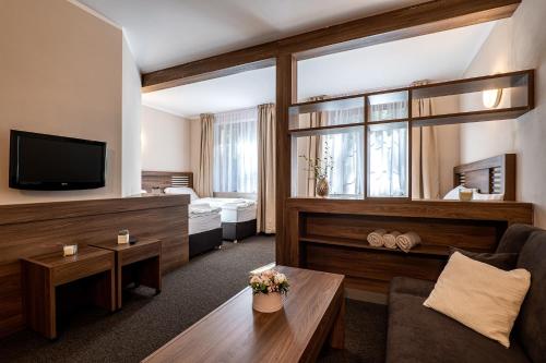 a living room with a couch and a tv at Wellness Hotel pod Kyčmolem in Horní Lomná