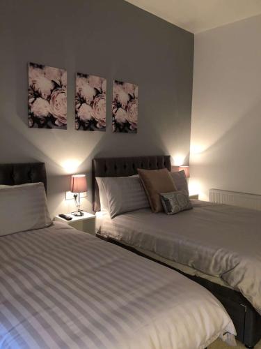 two beds sitting next to each other in a bedroom at Atlantic Lodge, Main Street Ardara in Ardara