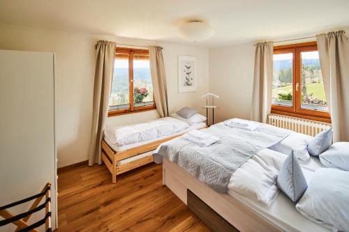 a bedroom with two beds and a window at Ferienhaus "Am Wäldle" in Feldberg