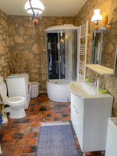 a bathroom with a toilet and a tub and a sink at The Hunter House in Ciudanoviţa