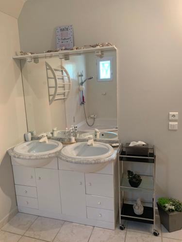 uma casa de banho com 2 lavatórios e um espelho grande em MAS FATINOU em Aniane