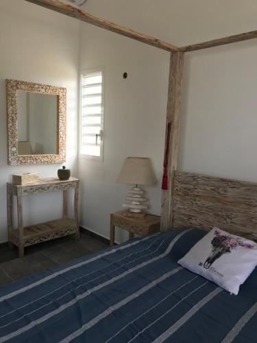 a bedroom with a bed and a mirror and a table at LES ALOÈS By CREYOL ANIMAL in Grand-Bourg