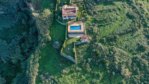 een luchtzicht op een huis in een bos bij Secluded Sunset Villa on Cliff & 180 Degree Ocean Views in Fajã da Ovelha