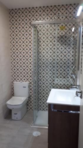 a bathroom with a shower and a toilet and a sink at Malagueta & Port in Málaga
