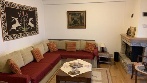 a living room with a couch and a fireplace at Ξύλο & Παράδοση in Pávliani