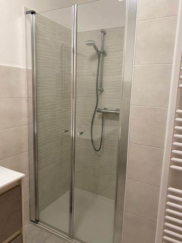 W łazience znajduje się prysznic ze szklanymi drzwiami. w obiekcie B&B The Secret Place w mieście Cavedago