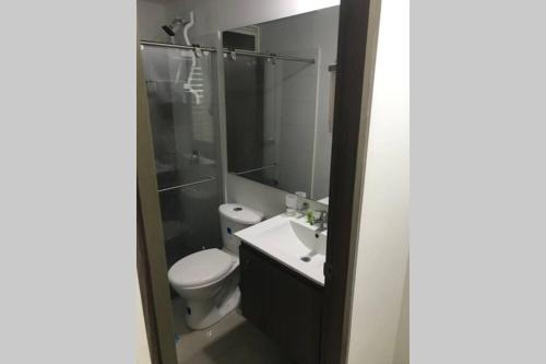 a bathroom with a toilet and a sink and a shower at HERMOSO APARTA ESTUDIO en Melgar in Melgar