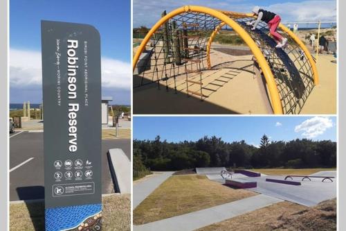 a collage of four pictures of a playground at So close to Birubi Beach in Anna Bay