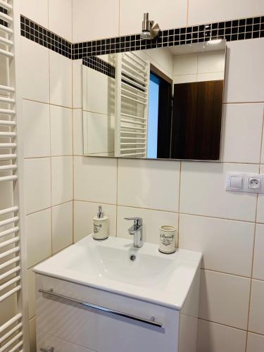 a bathroom with a white sink and a mirror at Pension VIDHOUS 2 in Františkovy Lázně