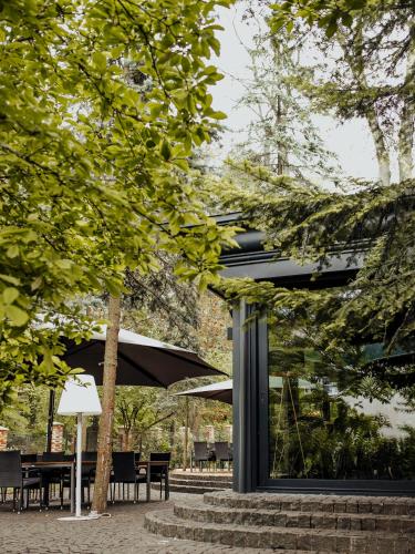 a black building with tables and chairs in a park at Lion's Castle Hotel in Lviv
