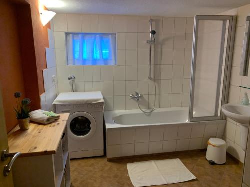 a bathroom with a washing machine and a bath tub at Piccola Casa in Hainewalde