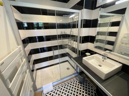 a black and white bathroom with a sink and a shower at Villa Julie in Biarritz