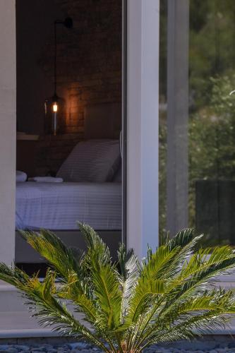 a plant in front of a window with a bed at Paxos Luxury Living Junior Suites in Gaios