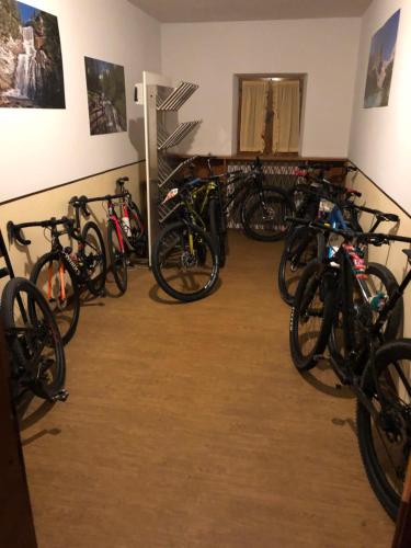 a bunch of bikes parked in a room at Hotel Al Larin in Cortina dʼAmpezzo