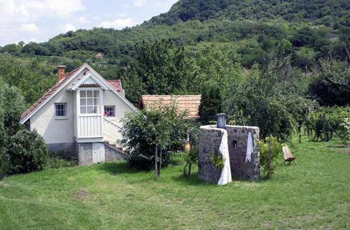 a small house in a field next to a house at Csobánc Szerelem-Nemzeti Park-Önalló Ház in Gyulakeszi