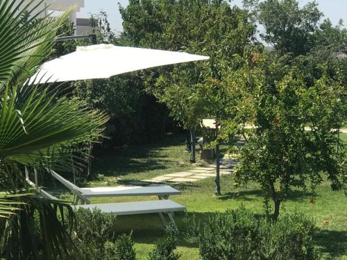 a group of benches with a white umbrella at Green space in Giurdignano