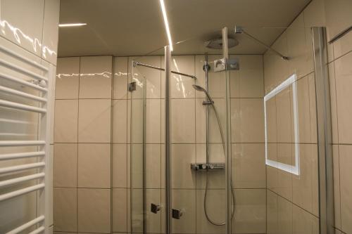 a bathroom with a shower with a glass door at Apartments Villa Surlej in Davos
