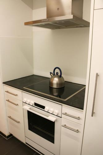 a tea kettle sitting on top of a stove in a kitchen at Apartments Villa Surlej in Davos