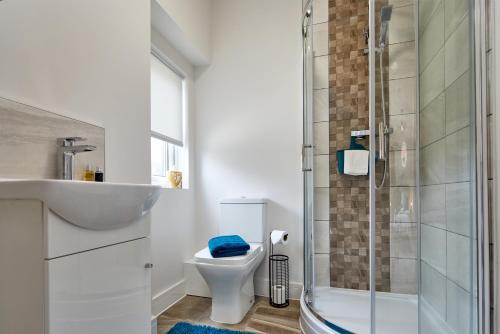a bathroom with a toilet and a sink and a shower at Coppergate Mews Doncaster Apartment 2 in Doncaster