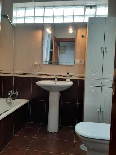 a bathroom with a sink and a toilet and a mirror at Ático La Plaza in Arriondas