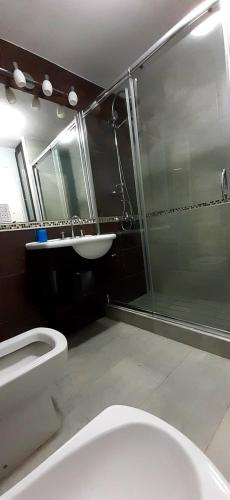 a bathroom with a shower and a toilet and a sink at Casa Cosquin in Cosquín