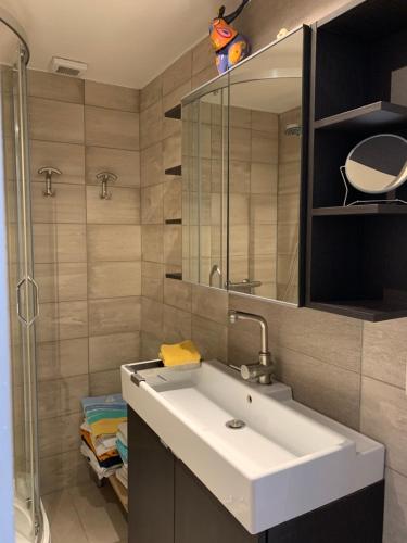een badkamer met een witte wastafel en een douche bij Santiago seaview in Oostende