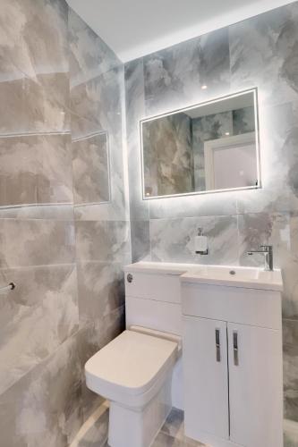a bathroom with a toilet and a sink and a mirror at Master accommodation suite 8 in Hastings