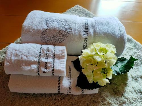 una pila di asciugamani e fiori su un asciugamano di Casa vacanza Piazza Marconi a Valdobbiadene