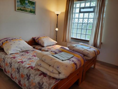 a bedroom with two beds with pillows and a window at Pensjonat Cichy Kącik in Kąty Rybackie