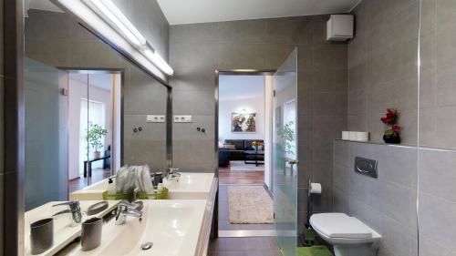 een badkamer met een wastafel, een toilet en een spiegel bij Central Home Budapest in Boedapest