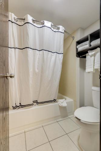 a bathroom with a shower curtain and a toilet at Alexis Inn and Suites Hotel in Nashville