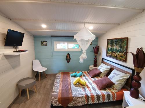 een kleine slaapkamer met een bed en een televisie bij Bungalow La Perle - Jacuzzi - Piscine in Saint-François