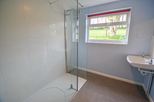 a bathroom with a glass shower and a sink at The Annex at Middle Filham in Ivybridge