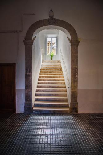 a stairway with a potted plant in a window at Vittorio Veneto Private SPA in Sulmona
