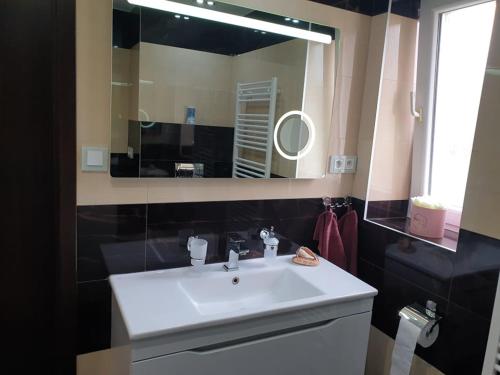 ein Badezimmer mit einem weißen Waschbecken und einem Spiegel in der Unterkunft Apartmán Lana Bojnice in Bojnice