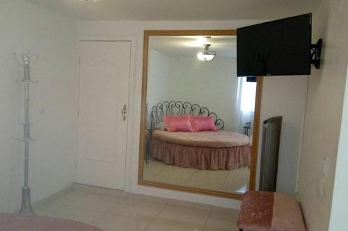 a mirror in a room with a bed with a pink pillow at Departamento María Félix - Dpto de 1 Habitación con Bella terraza común - Zona tranquila en CDMX in Mexico City