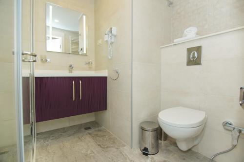 a bathroom with a toilet and a sink and a mirror at Your Sunshine Apartments Batumi in Batumi