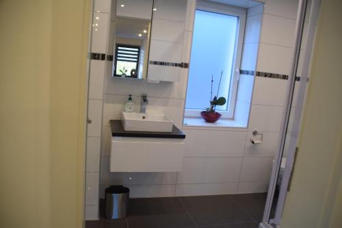 baño con lavabo, espejo y ventana en Ferienwohnung Schieferpfad, en Trimbs