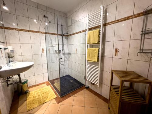 y baño con ducha y lavamanos. en Haus Bodner-Scherer, en Mühlbach am Hochkönig