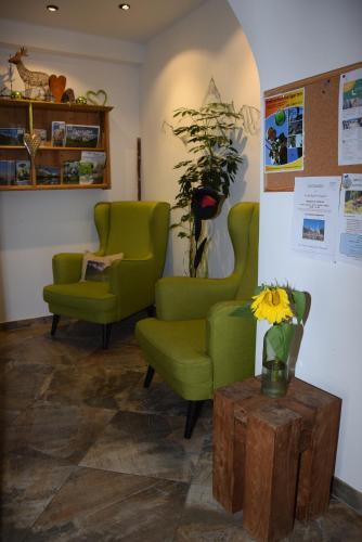 a waiting room with two green chairs and a table at Hotel - Restaurant - Sonnblick in Heiligenblut