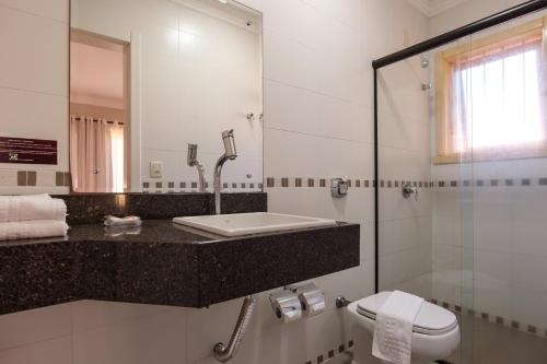 uma casa de banho com um lavatório, um WC e um espelho. em Pousada Do Chalé em Bento Gonçalves