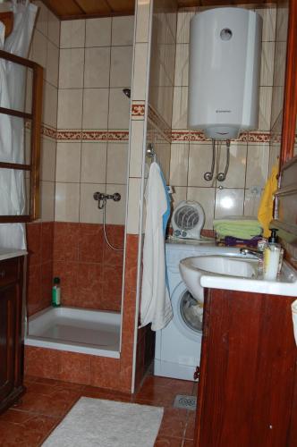 y baño con ducha, lavabo y bañera. en Balajceva domačija - Moravske Toplice, en Moravske Toplice